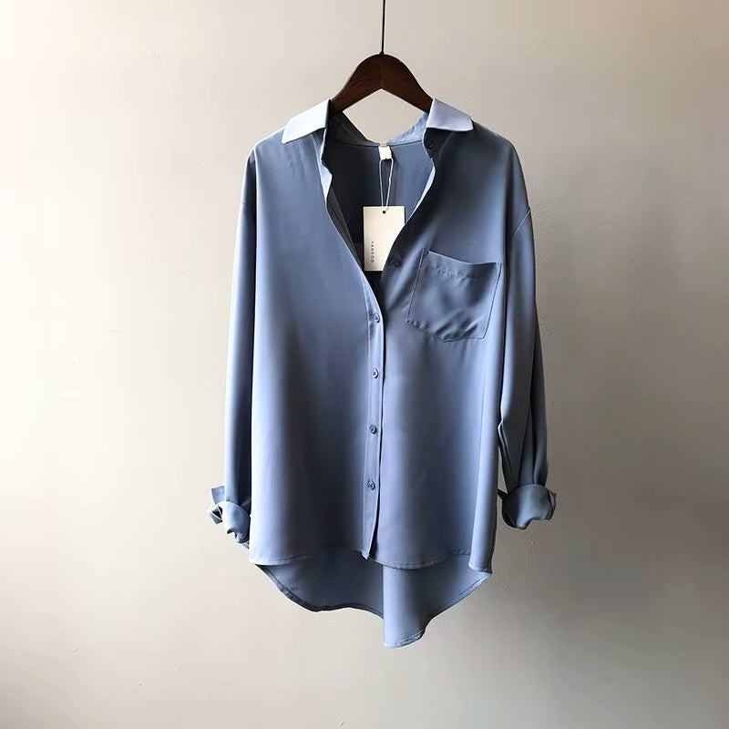 Azure Satin Button-Up Shirt