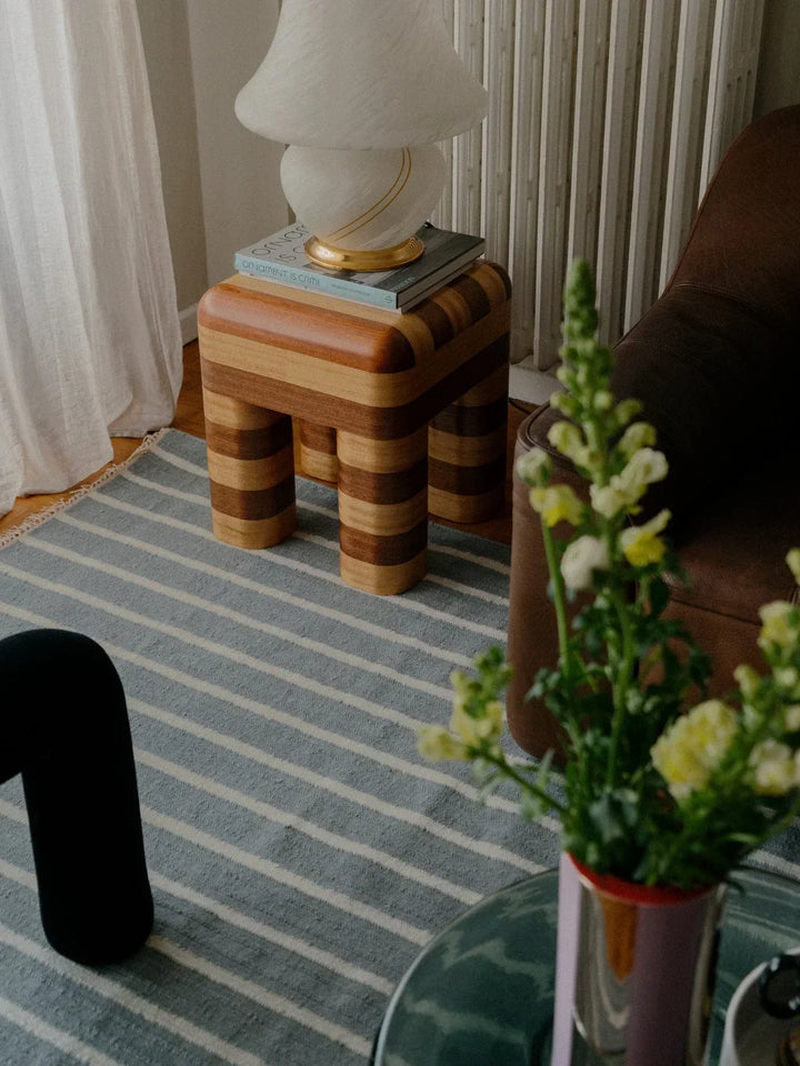 Artisanal Wooden Striped Side Table